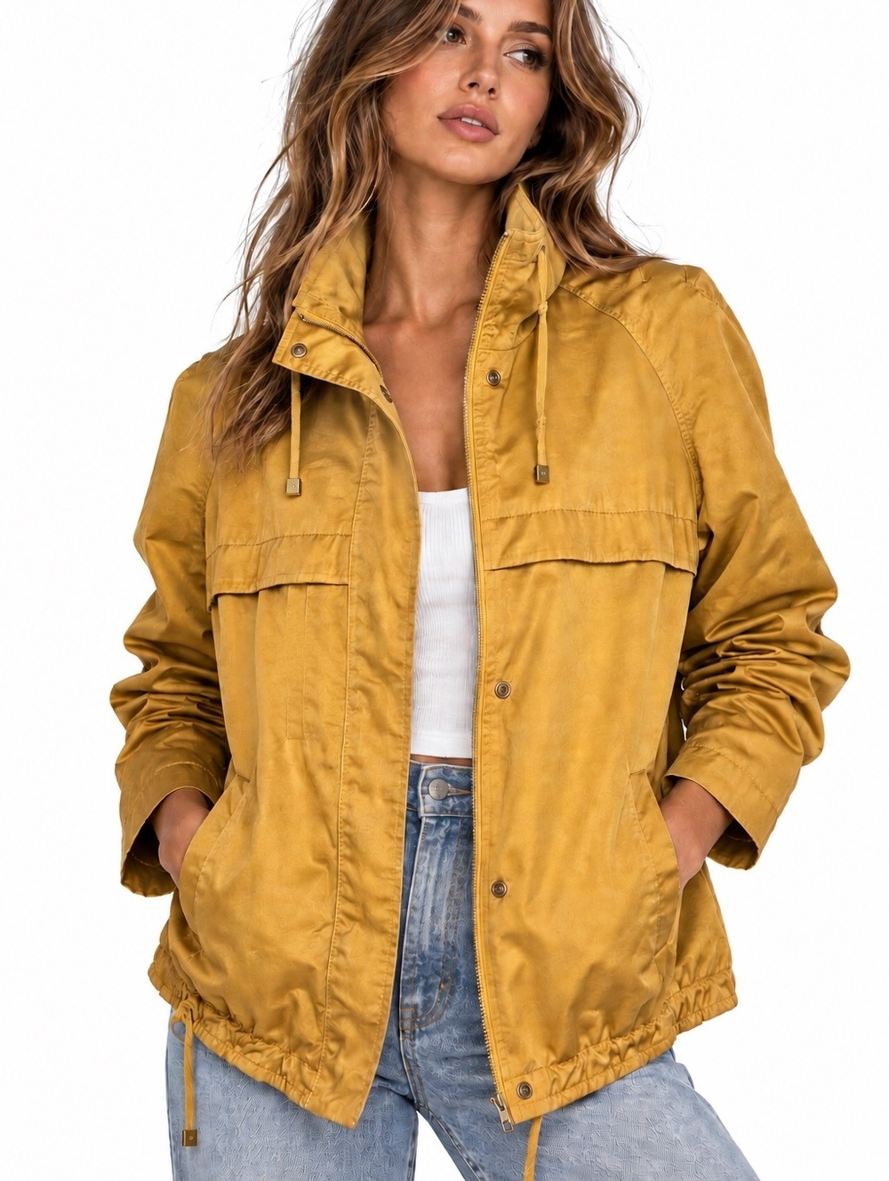 LOFT Mustard Gold Utility Anorak Jacket High Collar Drawstring Medium